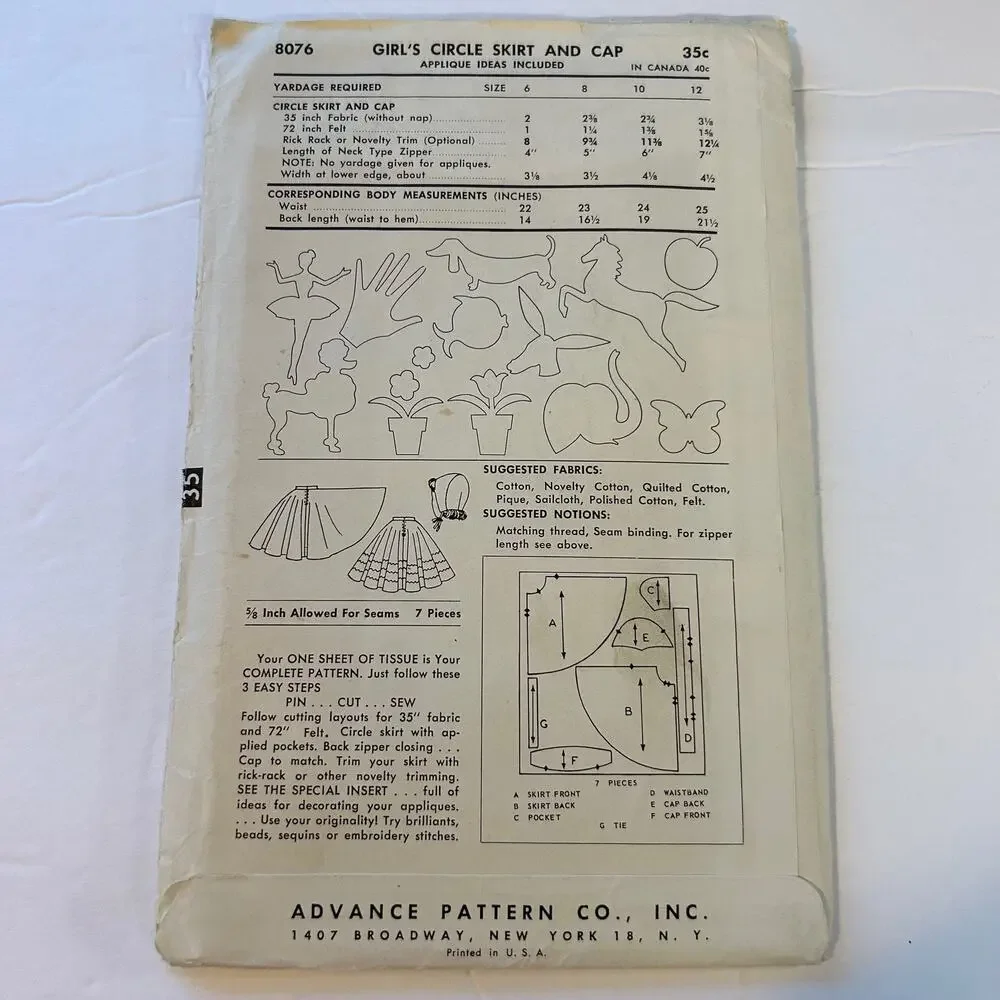 Advance Vintage 1950's‎ Pattern #8076  Girls Circle Poodle Skirt and Cap Size 6